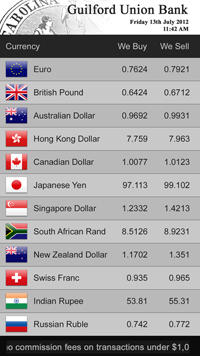 Screenshot of foreign exchange rate display built using DC Media Digital Signage software